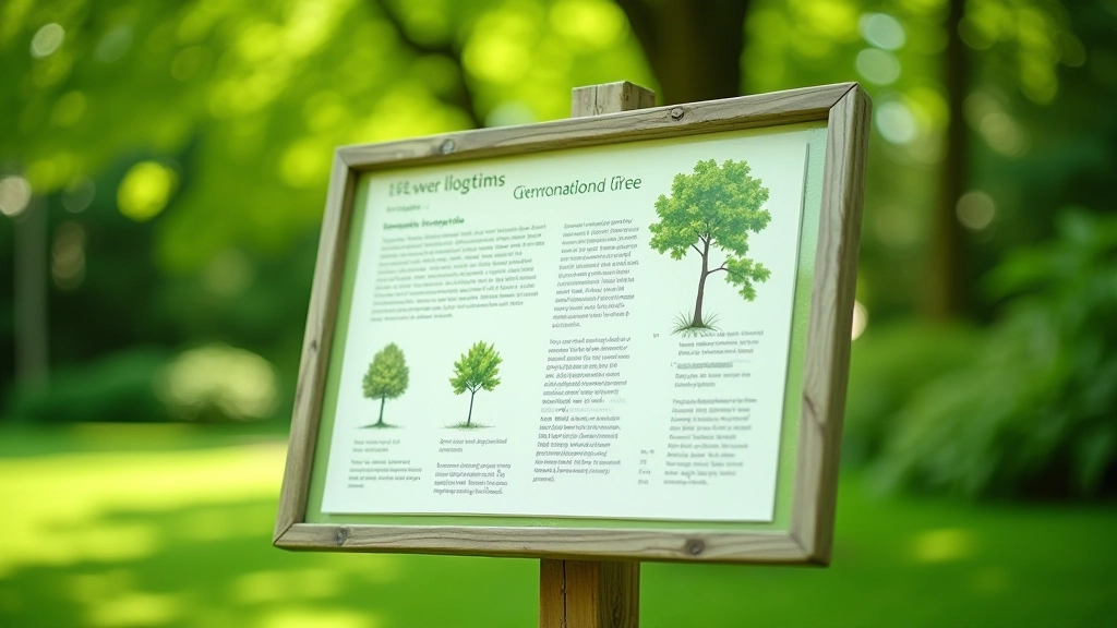 Informacinė lenta parke su medžio aprašymu, šviežios žalios spalvos
